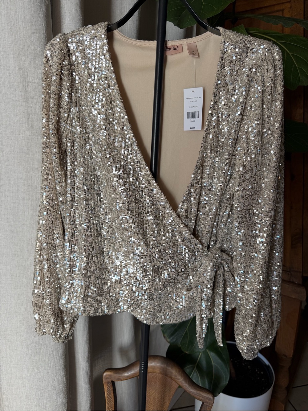 Sequin Champagne Wrap Blouse with Side Tie